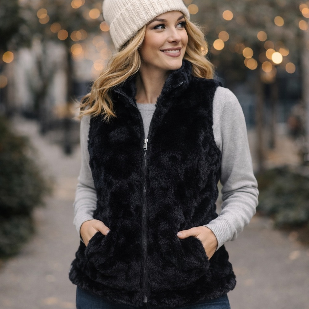 Nicole Miller Black Faux Fur Sherpa Puffer Vest Size Medium